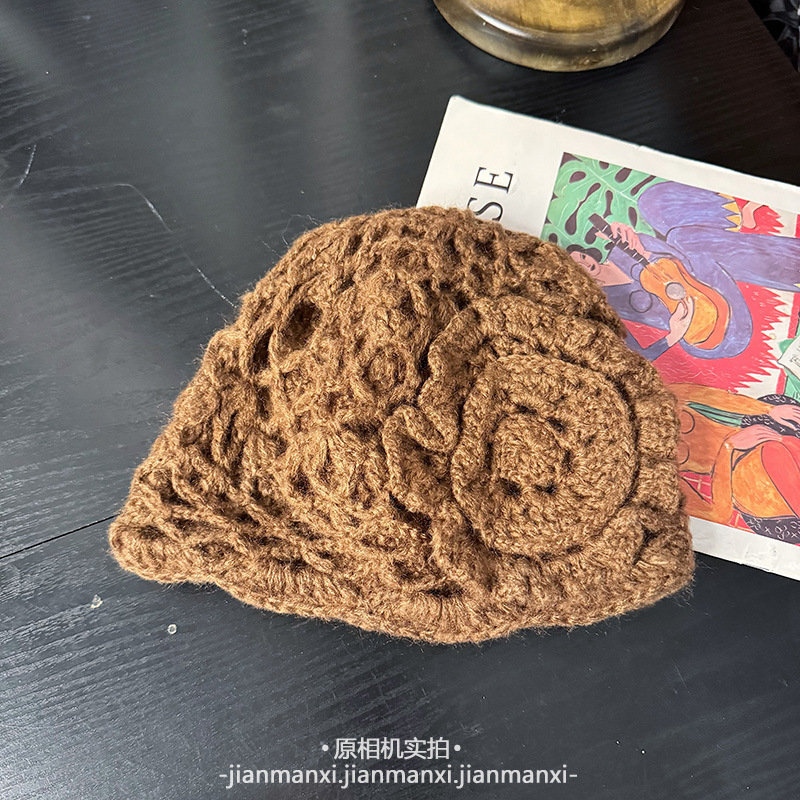立体花朵镂空包头帽子女秋冬手工钩花立体针织帽优雅时尚单品百搭|undefined