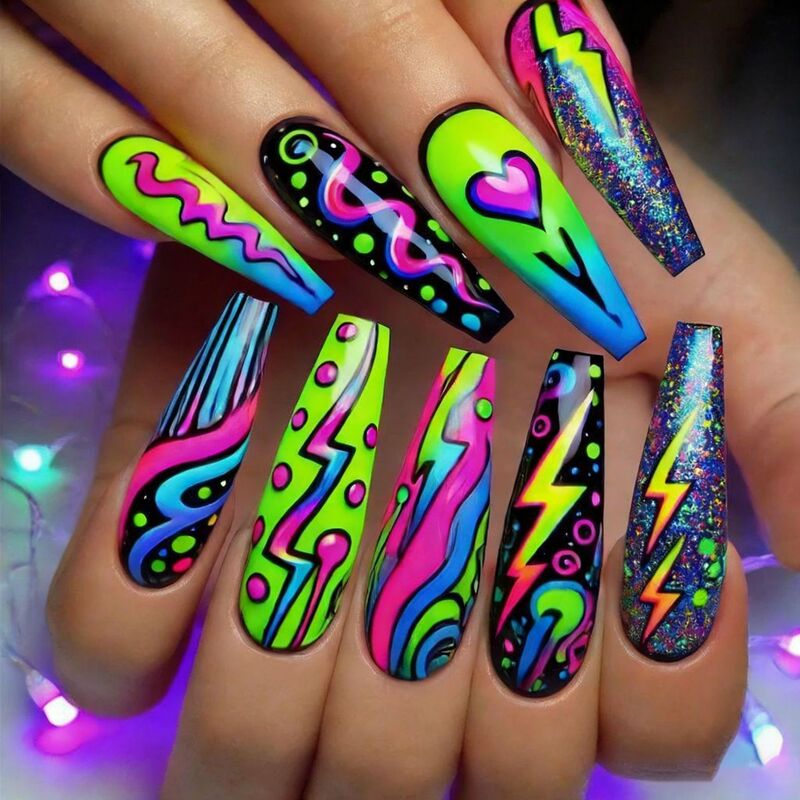 Cross-Border Long Ballet-Shaped Manicure Neon Lightning Trendy Cool Manicure Patches Removable 24-Piece Boxed Fake Nails