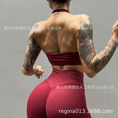 European and American cross-border fitness yoga sports bra for women with mesh splicing halter neck and backless sexy stretchy nude feel breathable