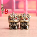 纯黄铜旺财狮子摆件一对看门祈福招财桌面居家客厅复古茶宠装饰品