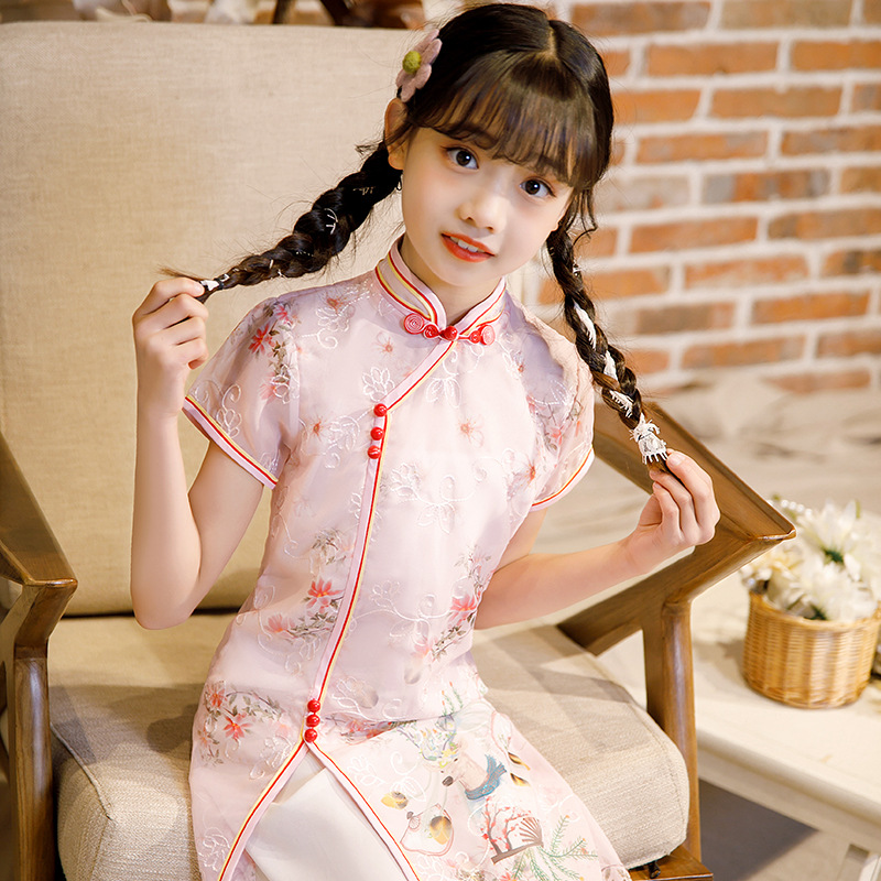 Girls' Hanfu Summer Cheongsam New Retro Chinese Style Short-sleeved Western Style Improved Cheongsam Princess Dress