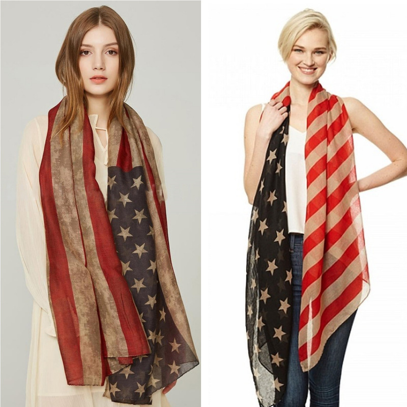 Cross Border Retro Independence Day Star Striped Scarf Ladies Positioning American Flag Printed Bali Yarn Scarf Wholesale