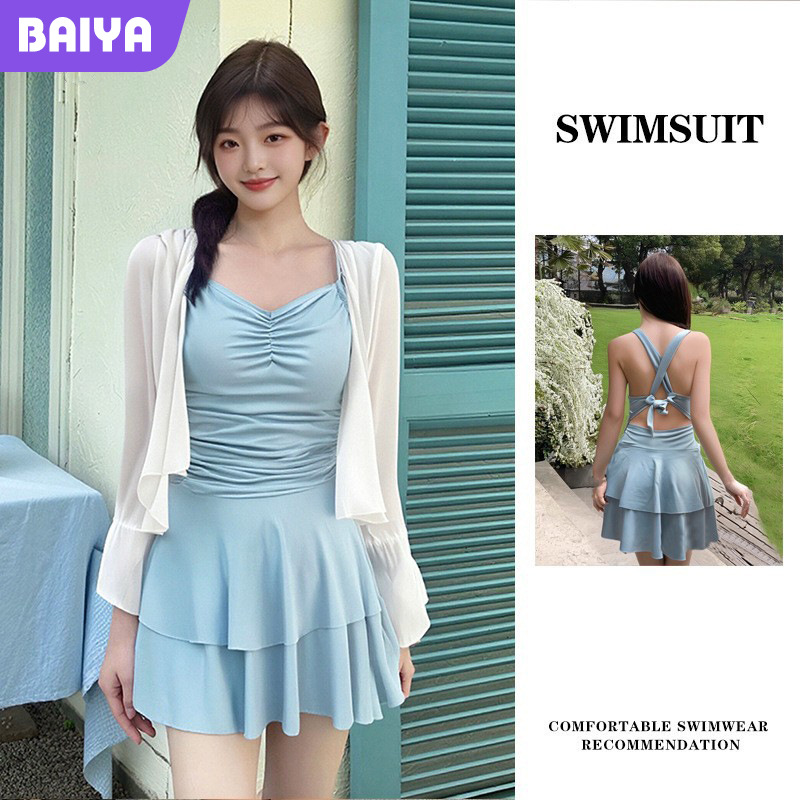 Nuevo traje de baño femenino de una pieza de color sólido cabestrillo niña dulce que cubre la carne y se ve delgado traje de baño de vacaciones de aguas termales de playa al por mayor