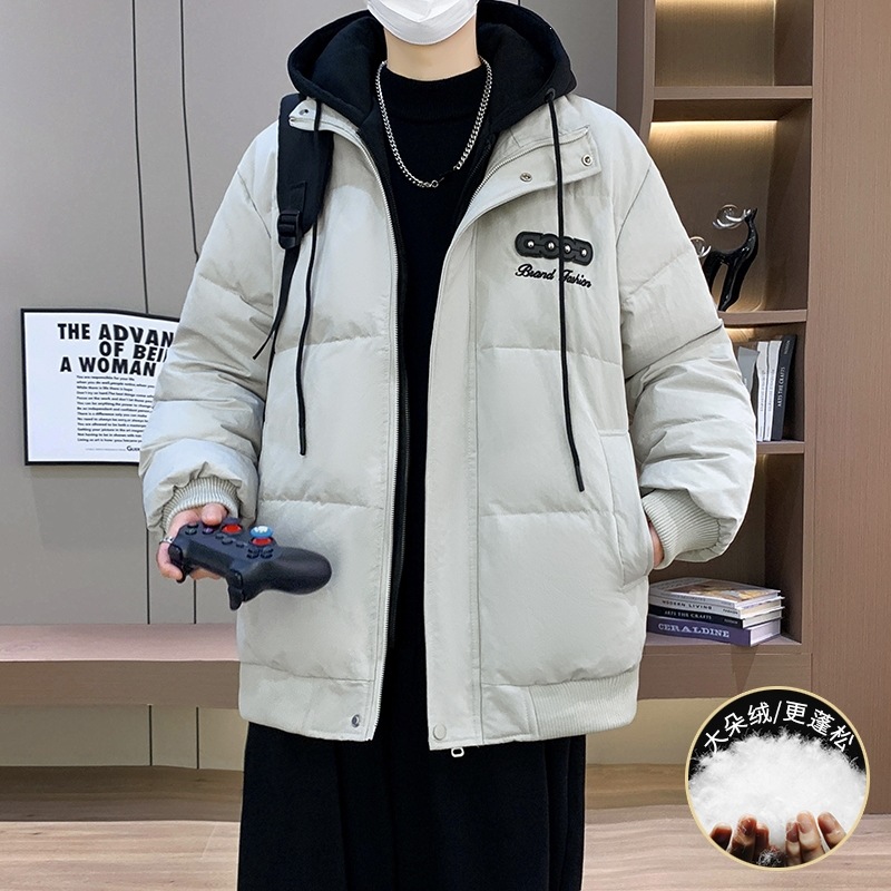 青少年男士潮流拼接假两件连帽50绒羽绒服26冬季御寒保暖百搭外套