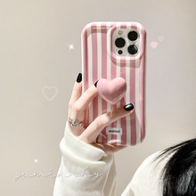 韩国ins风爱心条纹适用苹果14手机壳iphone13promax支架12少女16
