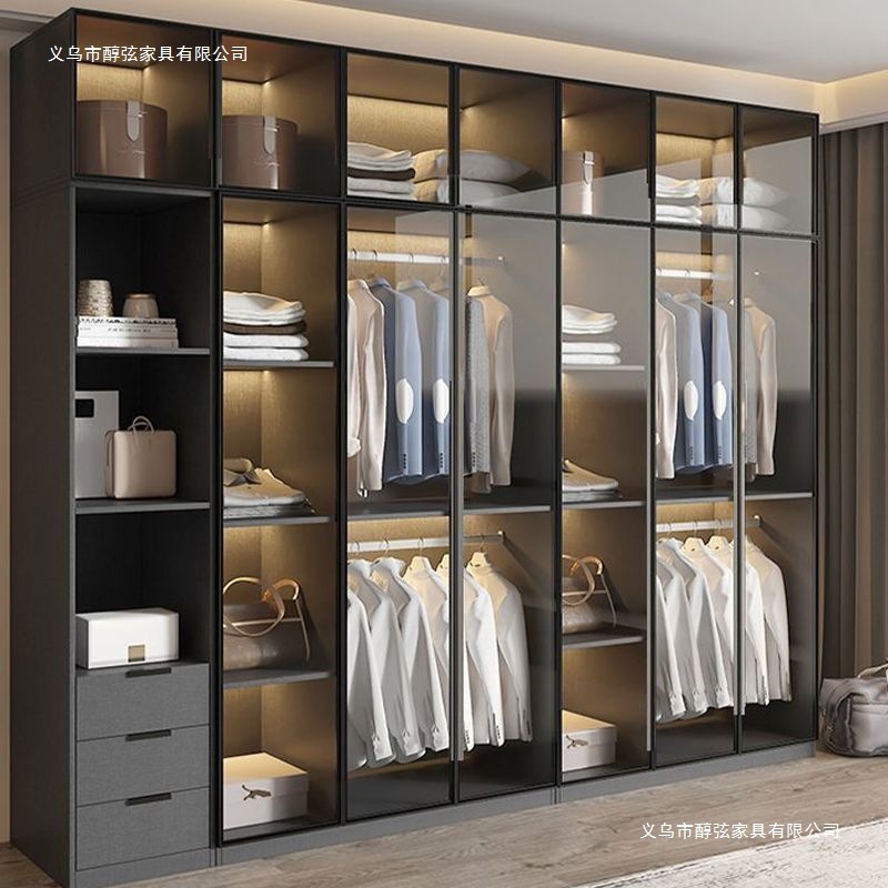 Light Luxury Wardrobe Home Bedroom Wardrobe Modern Simple Storage Cabinet Solid Wood Small Apartment Glass Cabinet Free of Installation