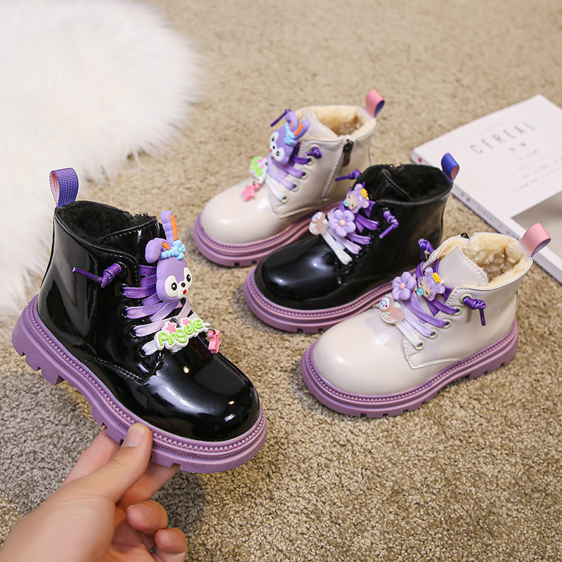 Girls Martin boots winter new patent leather shiny second cotton…