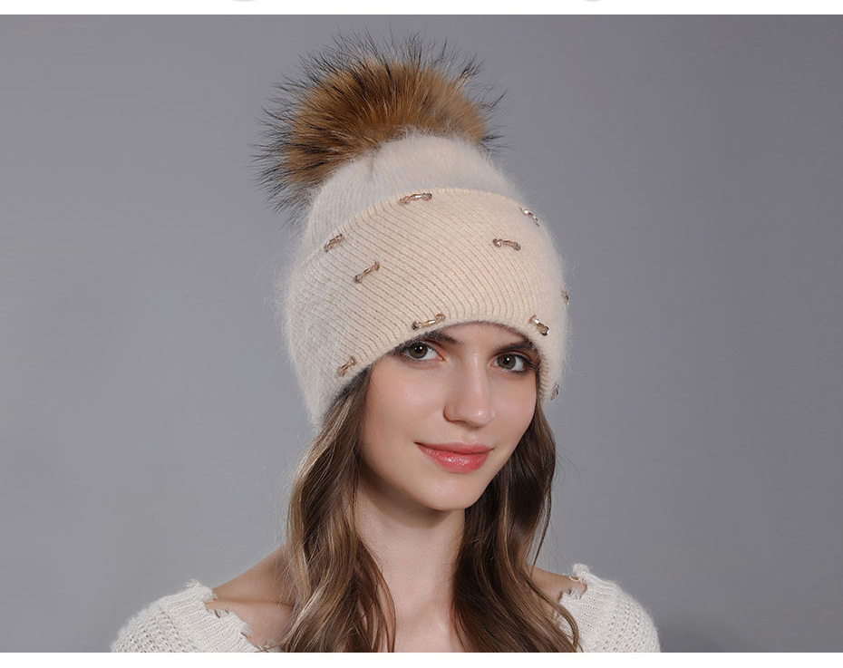 Cappello invernale con pelliccia di procione coniglio lavorato a maglia da donna in lana versatile con doppia piega capovolta_voghion.com
