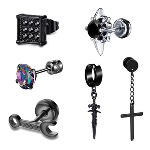 Cross border men's black steel color cross pendant earrings, 6 pieces stainless steel long chain piercing hoop earrings suit