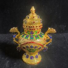 仿古做旧纯铜合金鎏金工艺双龙炉彩绘镶嵌珠宝炉铜香炉摆件