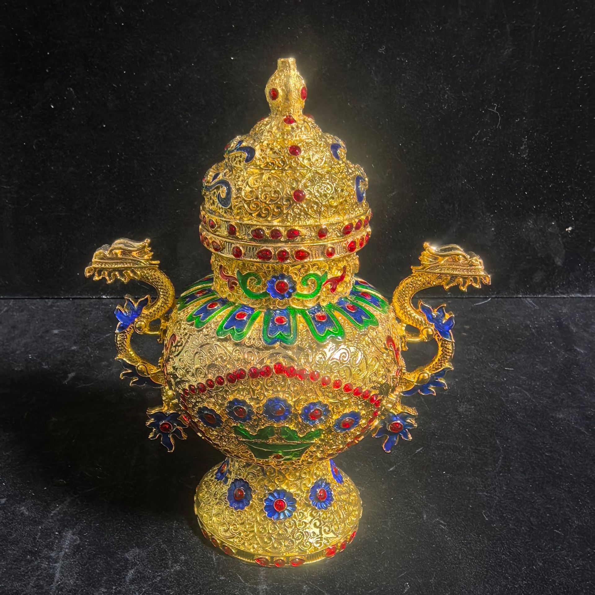 仿古做旧纯铜合金鎏金工艺双龙炉彩绘镶嵌珠宝炉铜香炉摆件