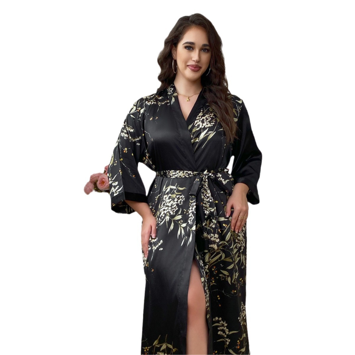 GraceChic Cross-Border Plus Size Damen-Nachthemd mit Blumenmuster aus Satin, lässig, bequem, locker und atmungsaktiv_voghion.com