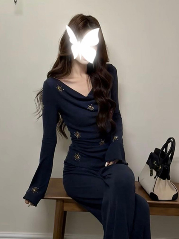 辣妹复古针织套装女春秋气质修身款显瘦v领路肩长袖喇叭裤两件套|undefined