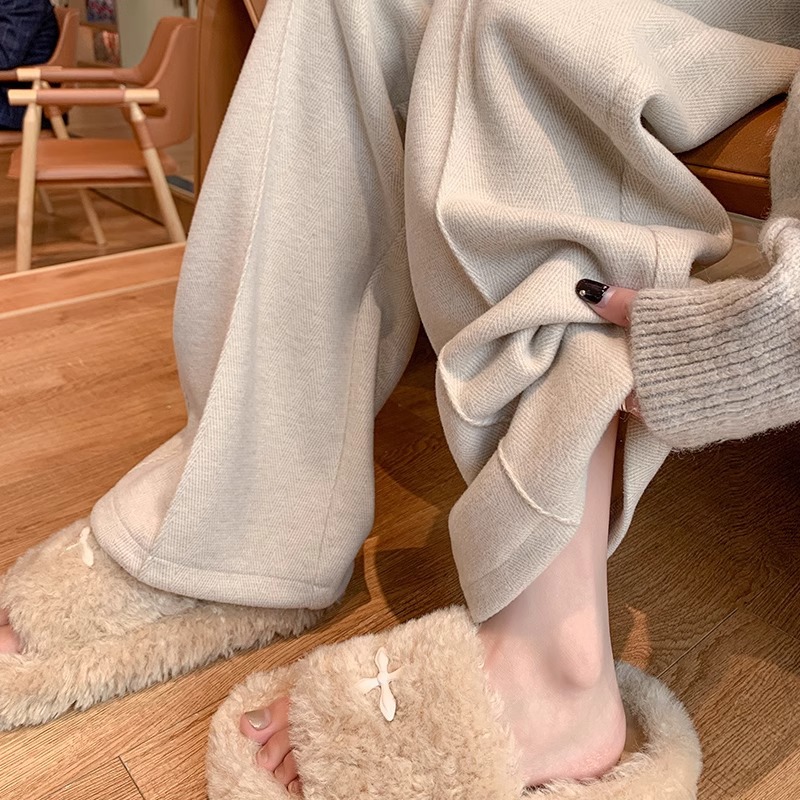 Pantalones de piernas anchas de herringbone para mujeres 2024 primavera y otoño invierno de cintura alta pantalones de lana casuales sensación de caída de tamaño pequeño pantalones recto estrechos