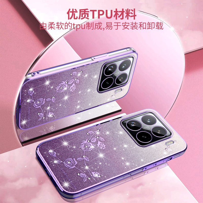 Xiaomi 15T、月季の花柄スマホケース、Redmi K80、ラインストーンメッキ、turbo4、グリッター保護ケース、Redmi A5に適用|undefined