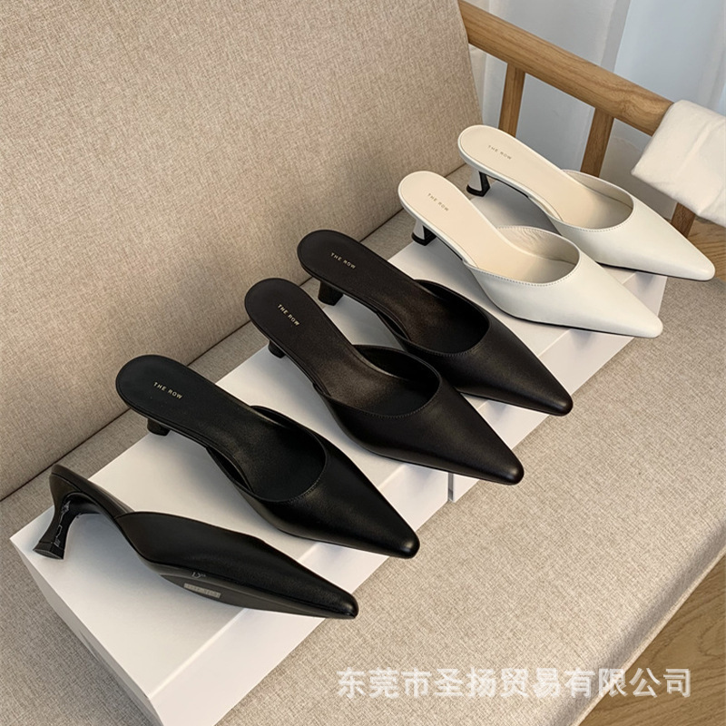 High-End The*Row French Retro Pointed-Toe Genuine Leather Kitten Heel Toe-Toe Slippers, Comfortable and Versatile High-Heeled Mule Slippers