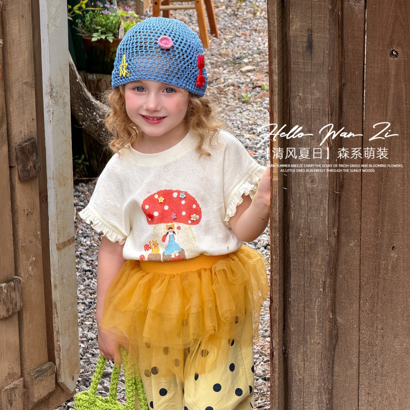 Maruko Ten Mori Style Children's Clothing Mushroom Print Girls' Short-Sleeve T-Shirt 2026 Summer Children's Lace Sleeve Summer Top