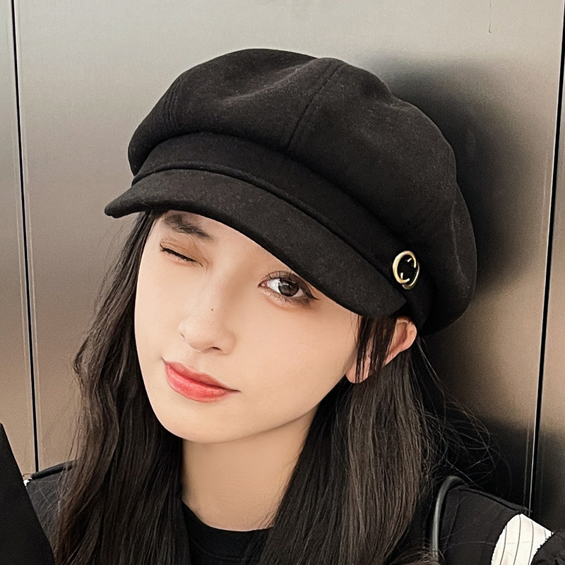 2022 Women's Autumn/Winter Korean Version New Fashion Versatile Solid Color Duckbill Cap Double C British Trend Retro Octagonal Hat