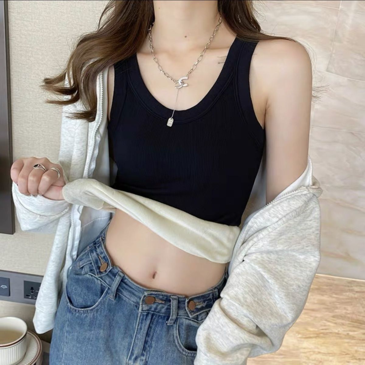 기모 두꺼운 따뜻한 카미 솔 여성용 섹시한 순수 스타일 벨트 가슴 패드 슬림 핏 내베이스 셔츠 롱 탑