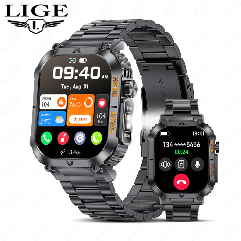 LIGE LIG multifunción Bluetooth llamada frecuencia cardíaca presión arterial monitoreo de salud reloj deportivo inteligente linterna 1847