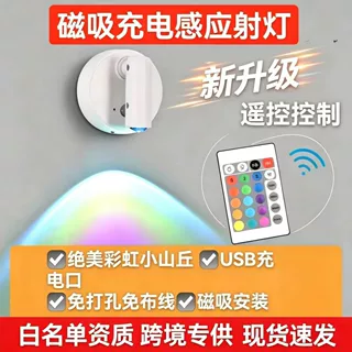 跨境新款充电感应灯磁吸壁灯免打孔射灯卧室床头灯七彩氛围灯夜灯
