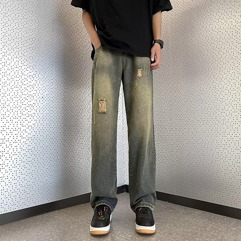 American retro washed Denim trousers men's summer bf fashion brand embroidered ripped pants high street Ruan handsome loose wide leg American retro washed Denim trousers men's summer bf fashion brand embroidered ripped pants high street Ruan handsome loose wide leg