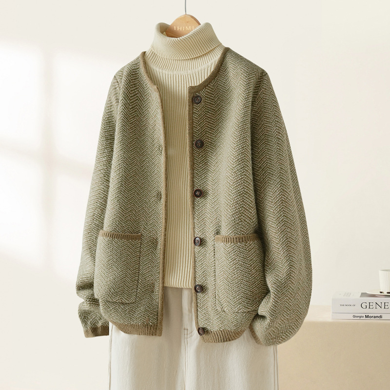 Outlet Counter Genuine Clearance High-End Chanel-Style Jacket for Women, Lazy Style Thick Knitted Cardigan Top