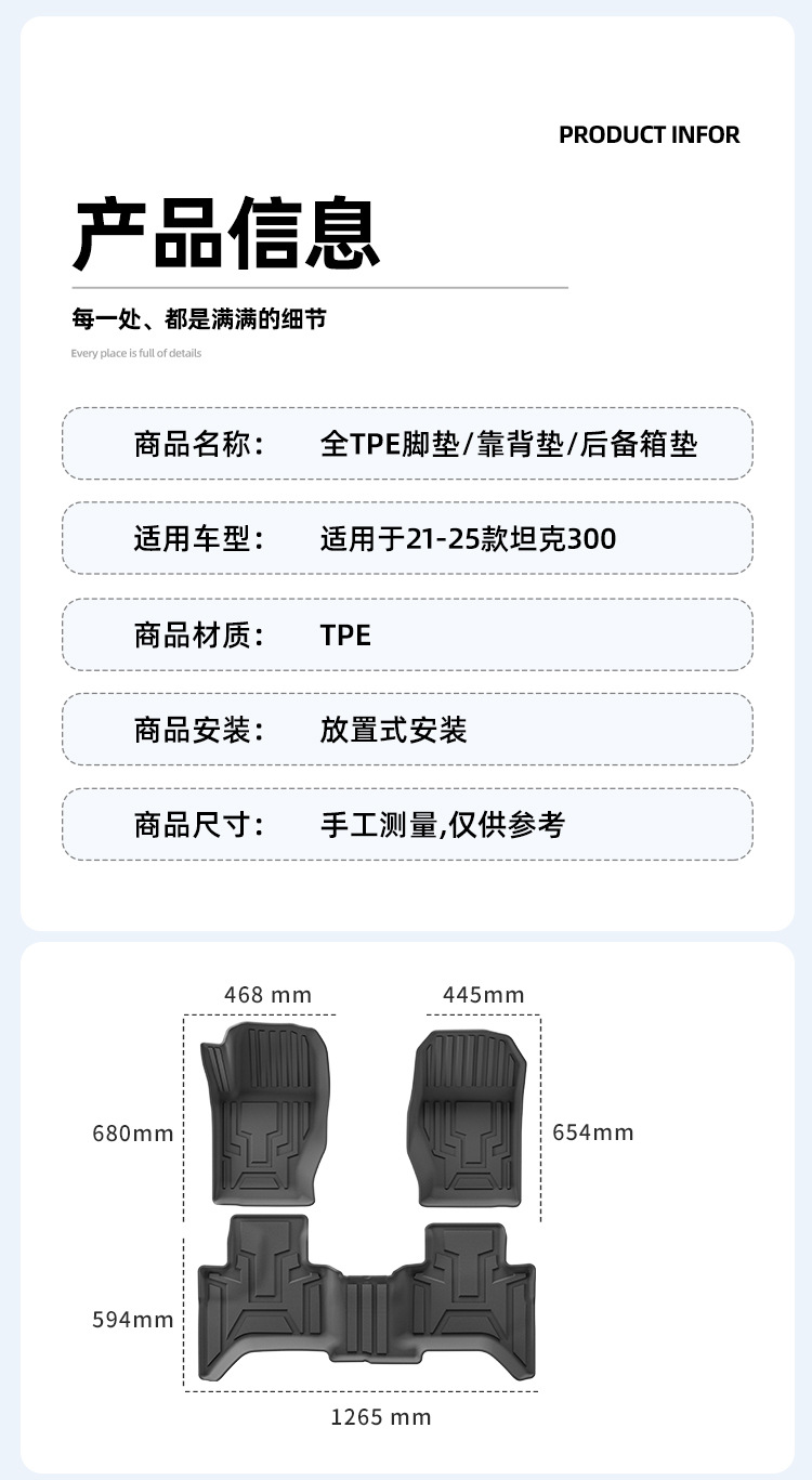 TPE Floor Mats, Seat Back Mats, Trunk Mat for Great Wall Tank 300 21-25