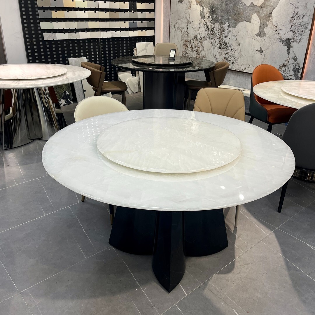 2025 New Special Grade White Ice Jade Luxury Stone Dining Table Accessible Luxury High-End Marble Dining Table and Chairs with Turntable Round Table