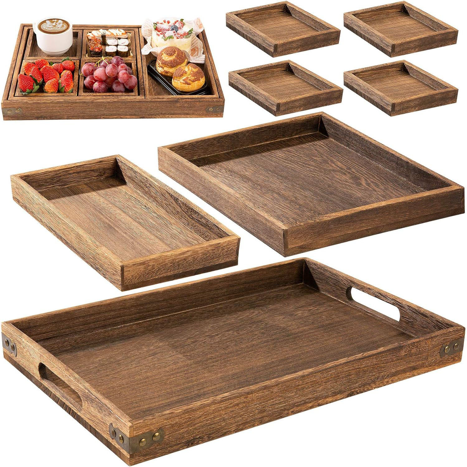 Rustic Wooden Dinner Plates with Handles - a Set of 7 Rectangular Plates for Entertaining, Breakfast, and Coffee