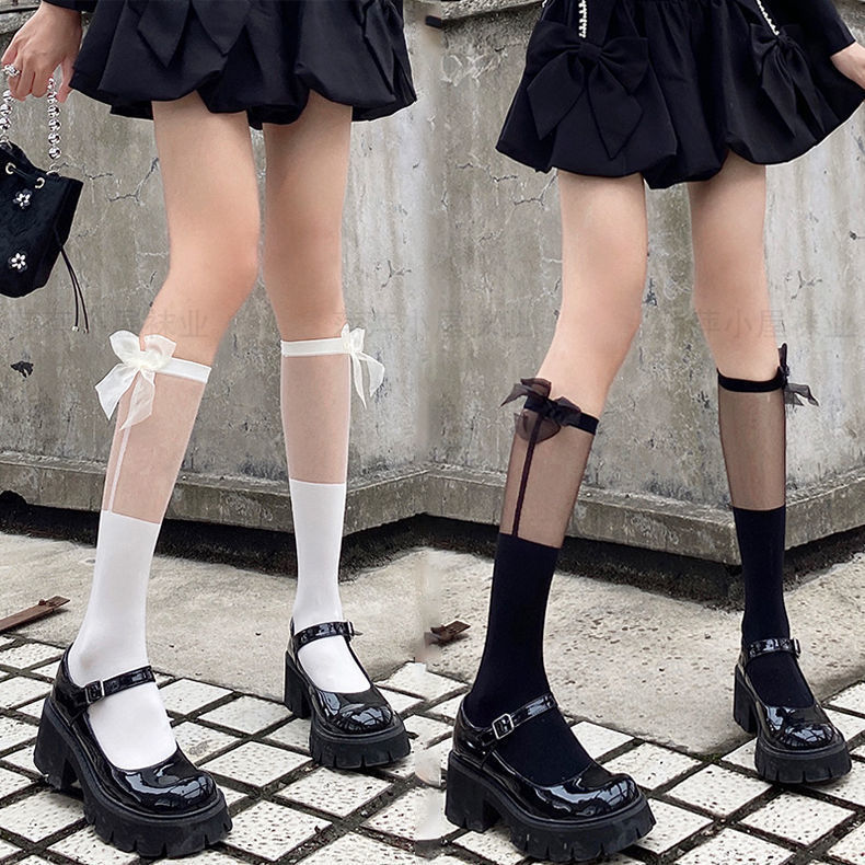 Lolita Socks for Women, Summer Jk Calf Socks, Hot Girl White Mid-Calf Socks, Mesh Splicing with Bow, Sexy Style