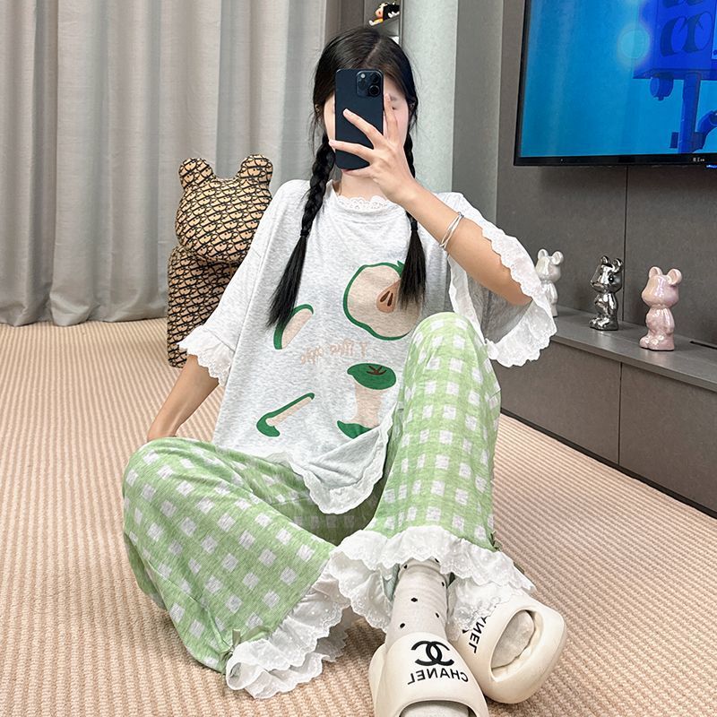 2025 新しい夏のモーダルパジャマ女性の半袖ズボンスーツ漫画ルーズ夏は家の服の外で着用できます|undefined