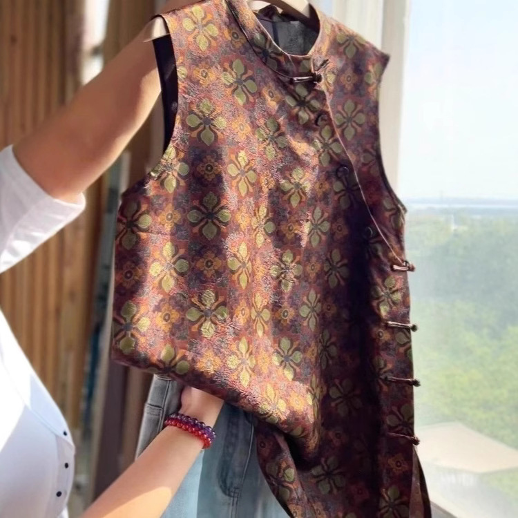 New Chinese Style Brown Jacquard Sleeveless Shirt for Women Summer Oblique Placket Button Top Chinese Style Improved Tang Suit Vest