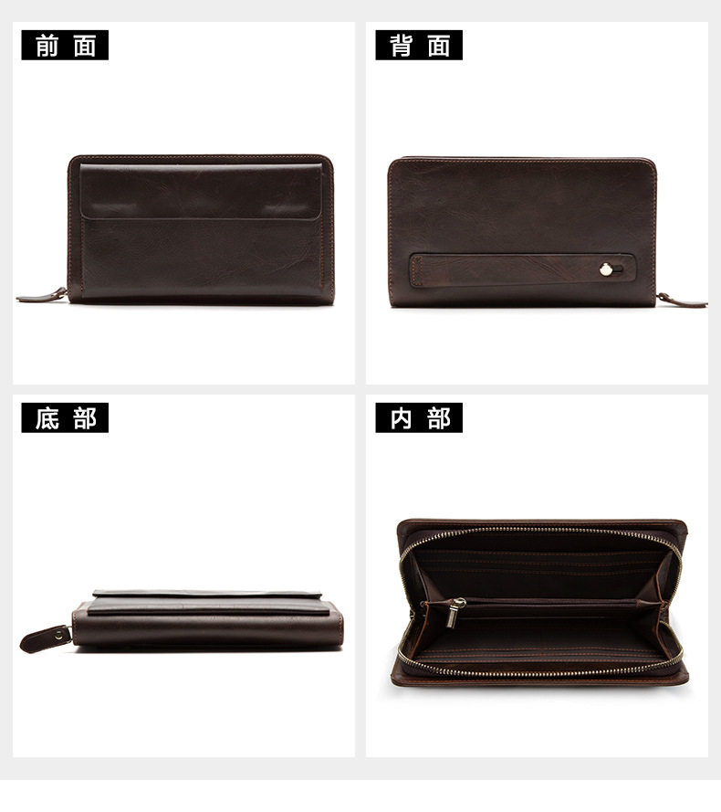 Ví nam da bò thật dáng dài kiểu clutch có khóa kéo hai lớp và ngăn đựng tiền xu — Cà phê/khóa kéo đơn, Màu Đen/khóa kéo đơn, 9013 màu đen, Cà phê 9013 chi tiết 24