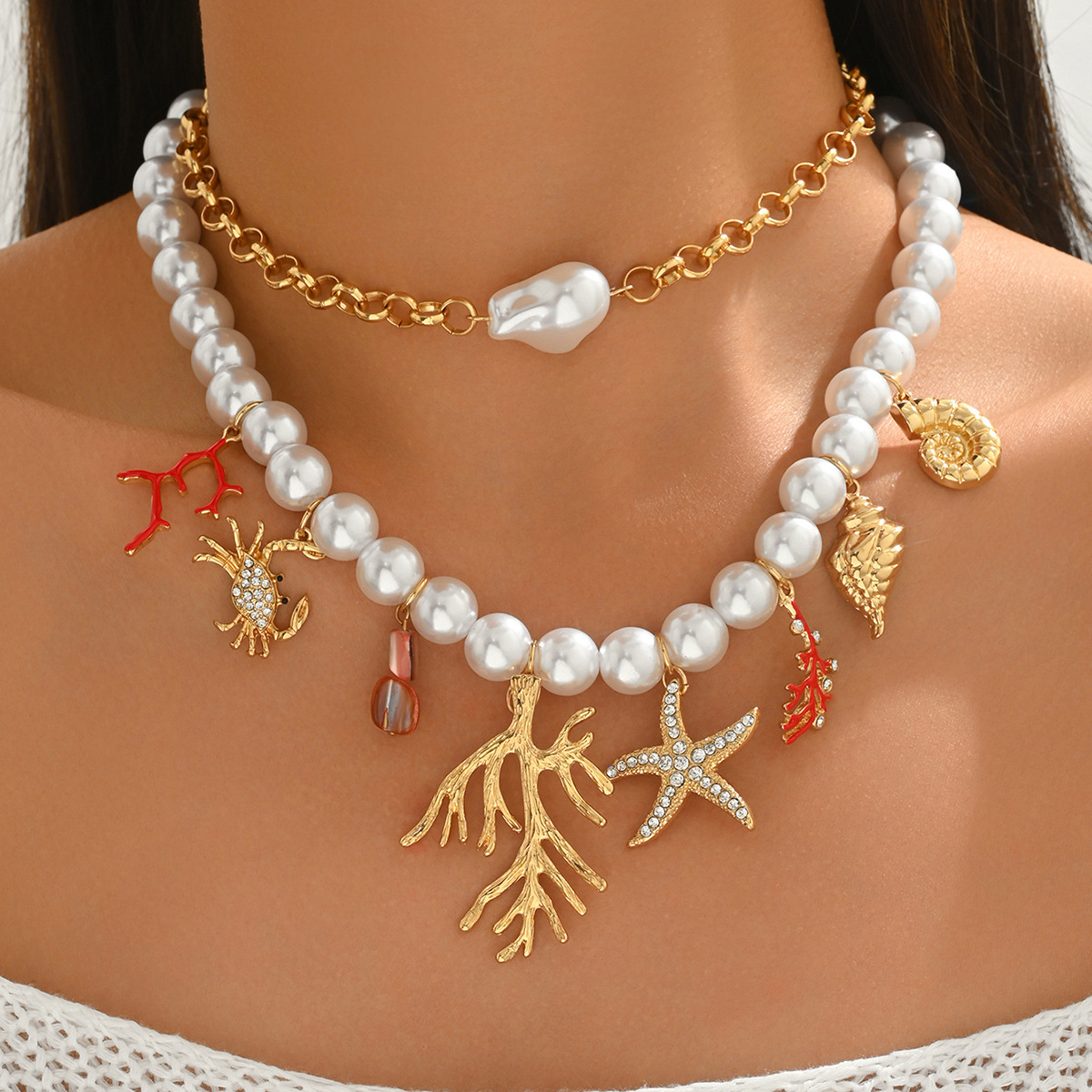 Collar estilo océano para mujer con coral cangrejo y estrella mar_voghion.com