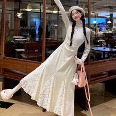 小个子针织连衣裙春秋款长袖蕾丝拼接鱼尾裙收腰半高领内搭毛衣裙