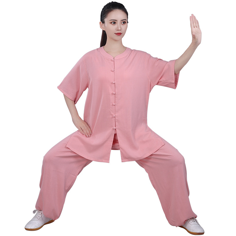 Hongji Taiji spring and autumn low collar short sleeve stretch cotton and linen men's and women's exercise breathable performance martial arts boxing morning exercise casual wear