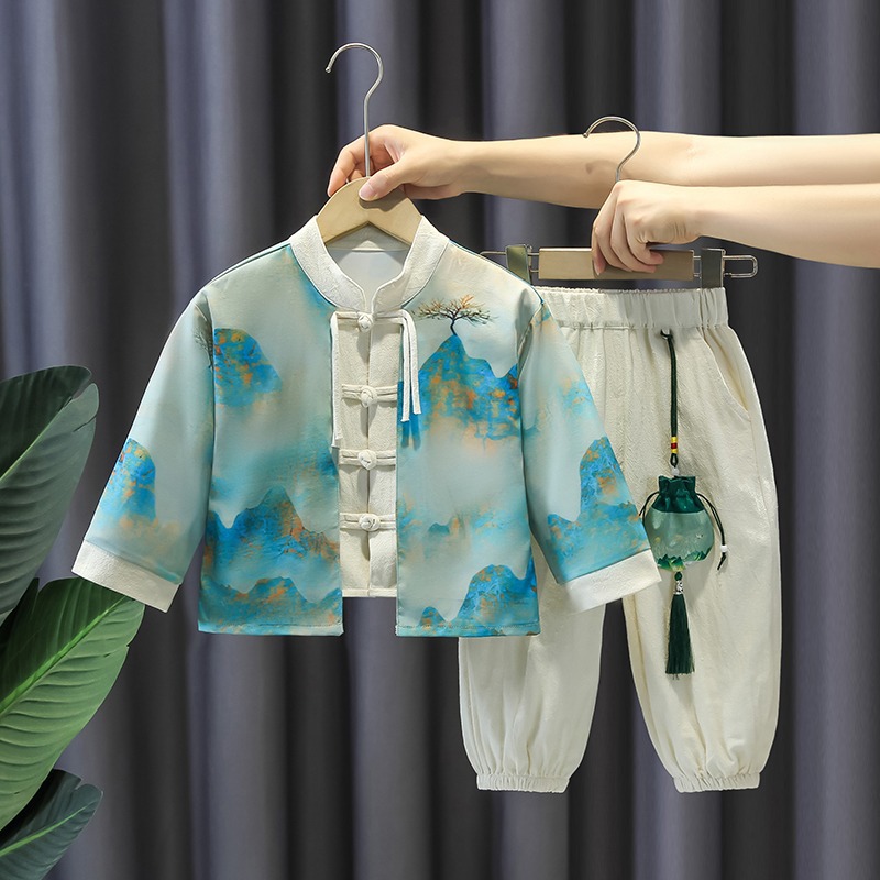 漢服男童春季洋氣超仙古裝兩件套女童周歲禮服古風表演服兒童唐裝