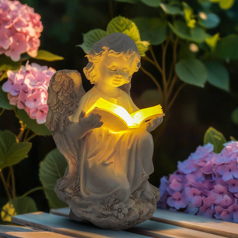   creative solar reading angel ornaments courtyard outdoor statue decorative resin crafts 