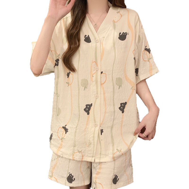 パジャマパジャマ女性の夏半袖 2025 新しいクラウド綿薄いウェアラブルホーム服セット卸売|undefined