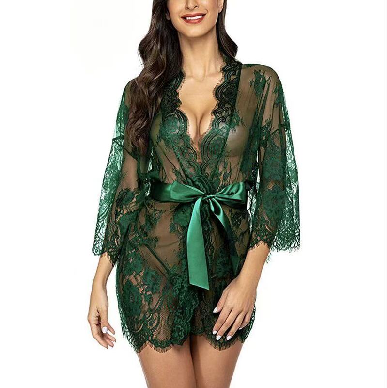 Amazon Sheer Lace Mesh Sexy Nightgown Robe Large Size Lingerie See-Through Outfit Can Be Worn Outside