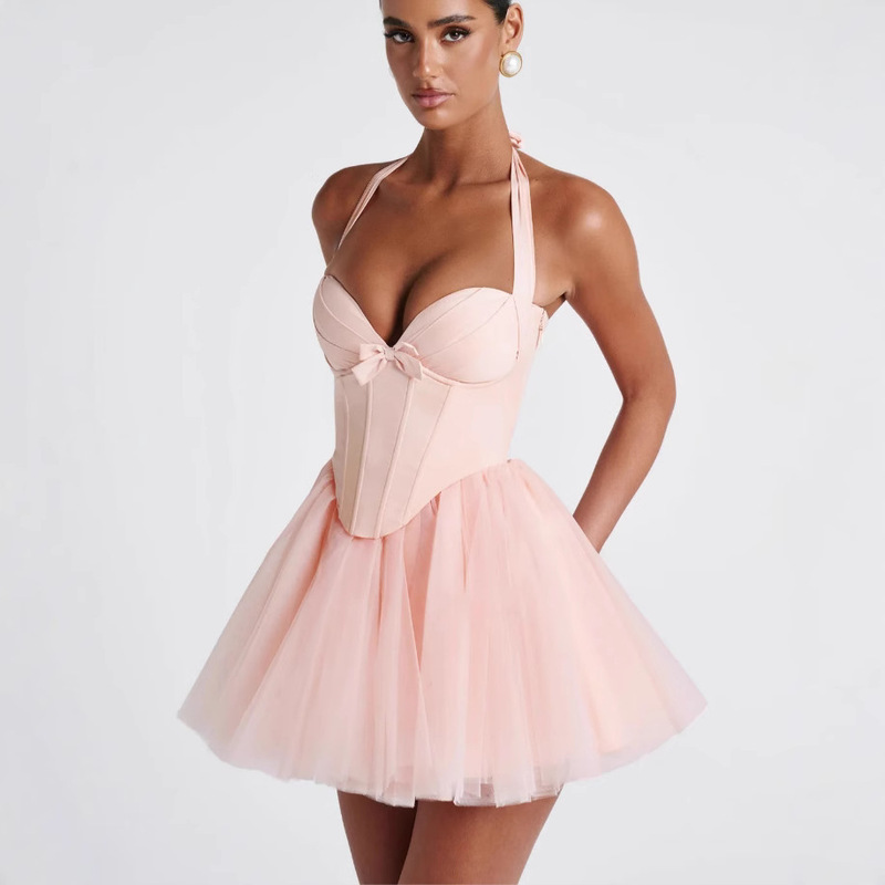 Sweet Fishbone Halterneck Lace-Up Dress for Women 2023 Summer New Style Personalized Lace Splicing Waist Tutu Skirt