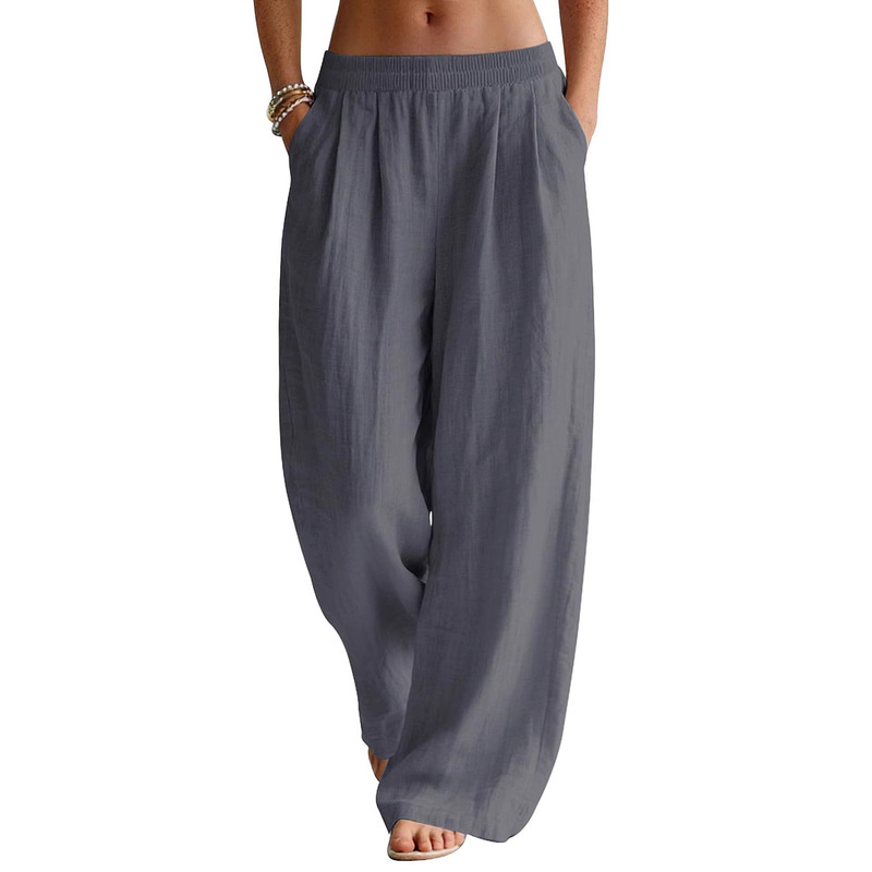 Cross-Border Women's Linen Wide-Leg Pants Summer Flowy Long Pants Beach Vacation Wear Elastic Waist Travel Pants with Pockets Cross-Border Women's Linen Wide-Leg Pants Summer Flowy Long Pants Beach Vacation Wear Elastic Waist Travel Pants with Pockets