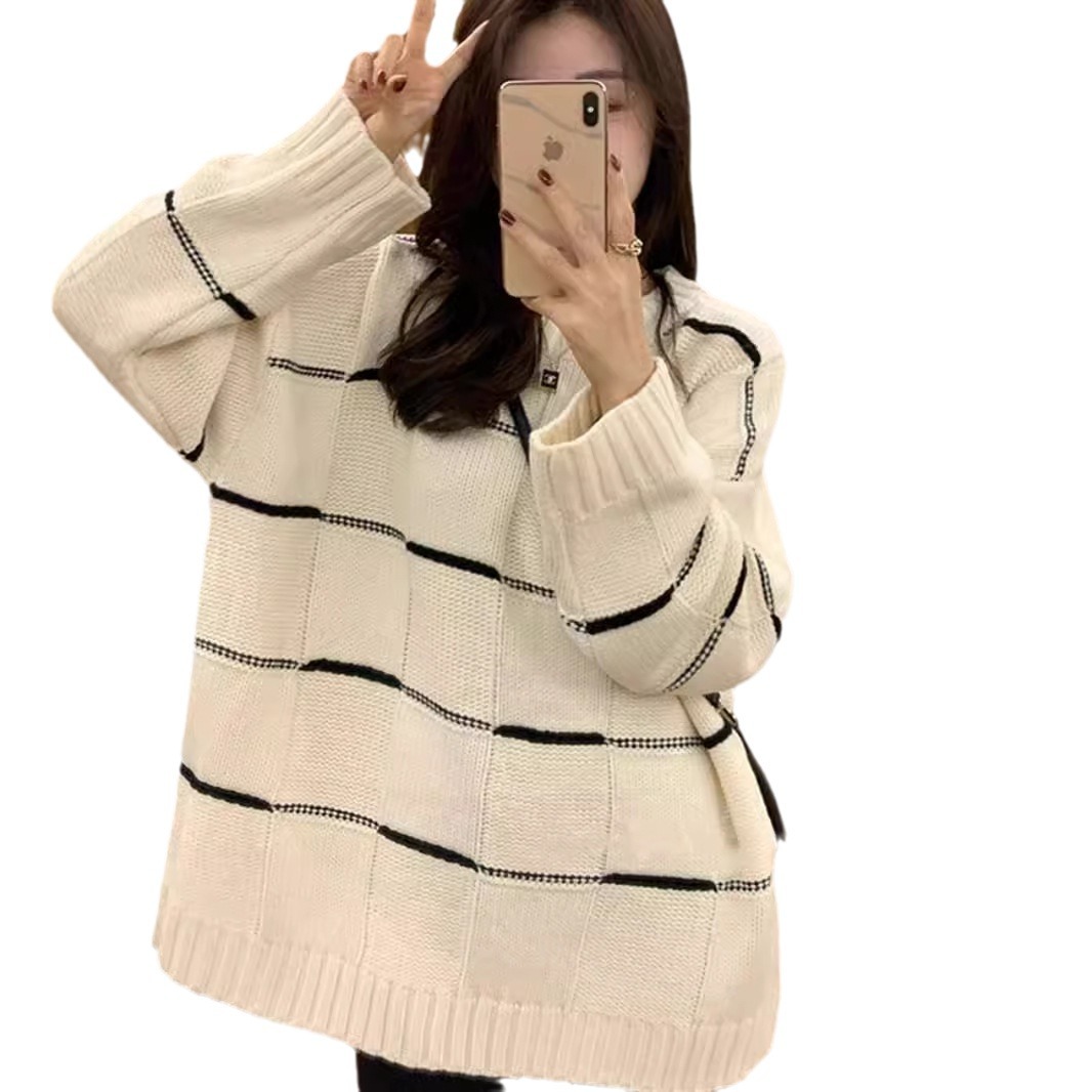 한국식 라운드 넥 대조 컬러 스트라이프 긴팔 스웨터 탑 여자 가을 겨울 느슨한 중간 길이 풀오버 소프트 왁스 스웨터
