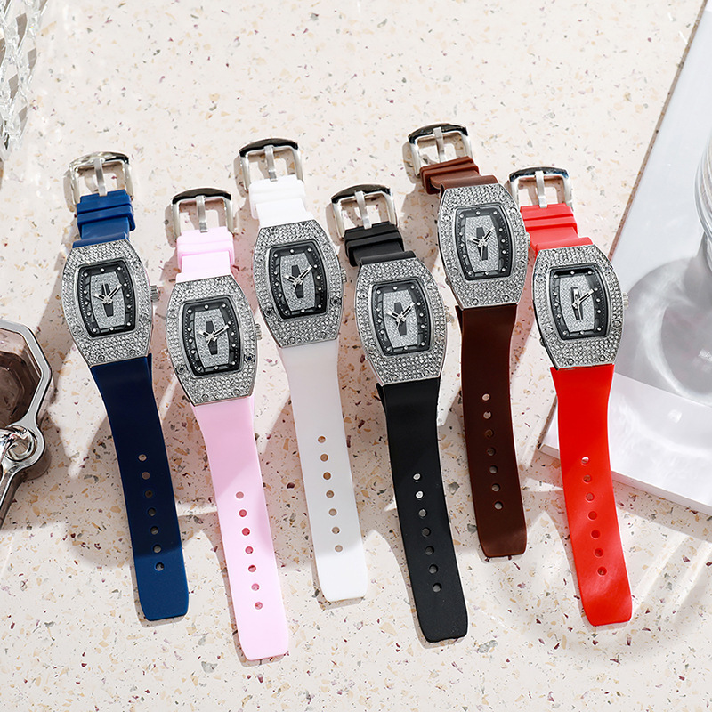 Barrel-shaped Diamond-inlaid Quartz Strap Women's Watch Fashion Trendy Temperament Ladies Wristwatch Silicone Watch Wholesale White