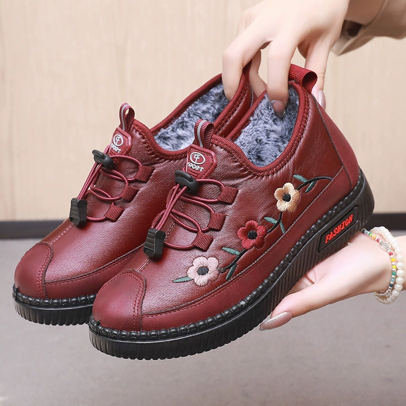 Зимние женские хлопковые сапоги Ботинки для матерей среднего и пожилого возраста, кожаные теплые женские сапоги, утолщенные хлопковые сапоги без шнуровки на флисовой подкладке для волос