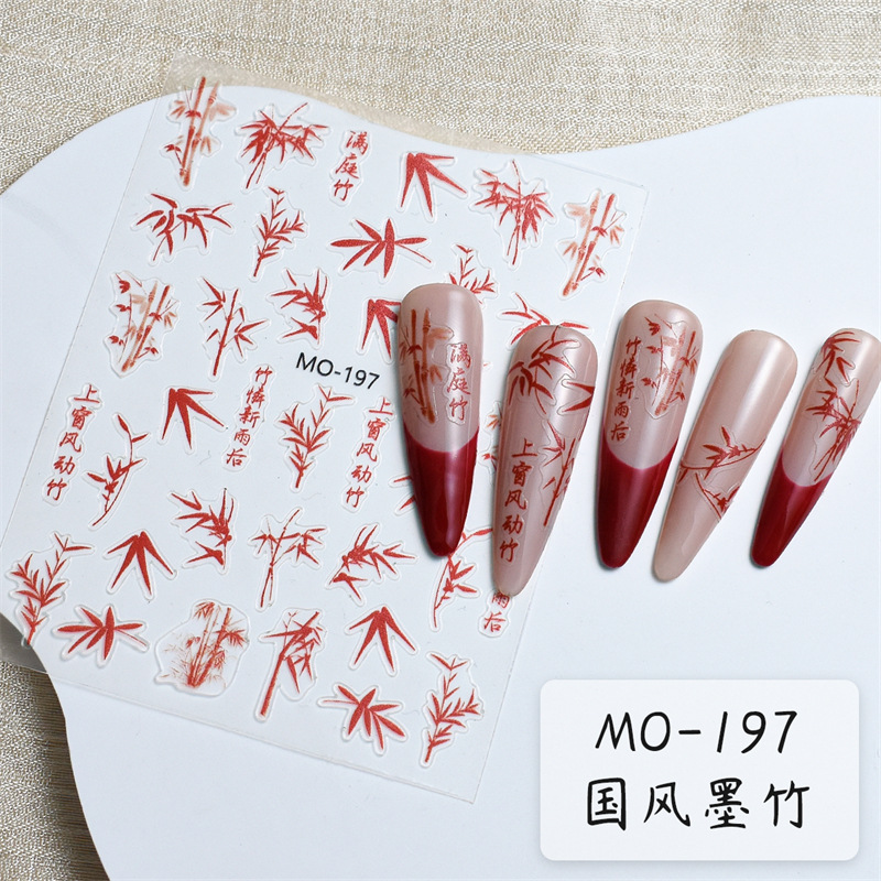 Nueva moda nacional estilo antiguo tinta bambú uñas alivio pegatinas nuevo chino tinta bambú Lovesick frijol rojo 3D uñas pegatinas