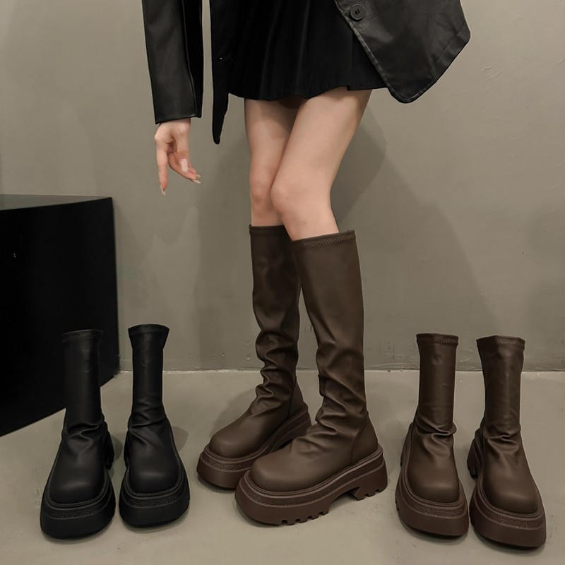 棕色短筒靴子女2025春秋季新款小个子厚底显瘦短靴单靴黑色马丁靴|undefined
