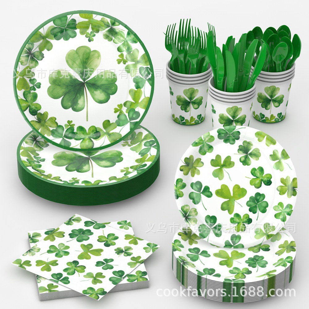San Patricio de trébol fiesta decoración irlandesa bandeja de papel desechable taza de papel toallas de papel set de decoración de platos
