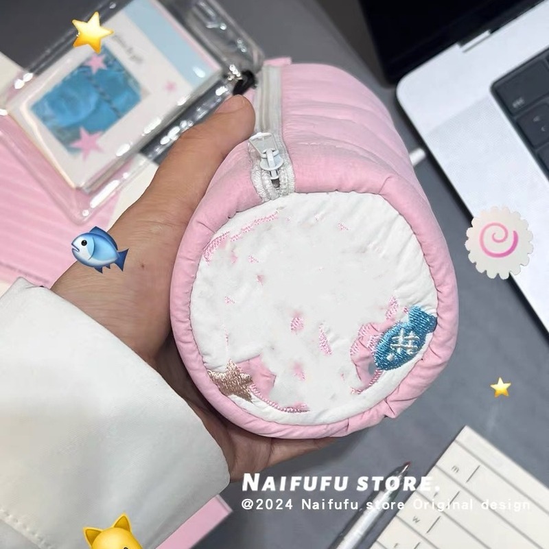 Xiaohongshu 人気の魚猫タオル刺繍かわいい高価値ピンク鉛筆バッグ大容量文具バッグ収納袋|undefined
